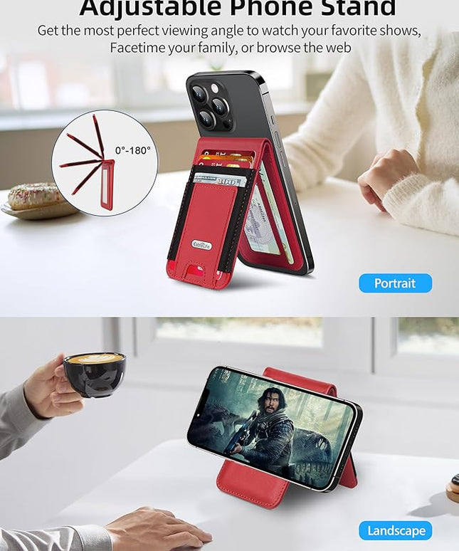 For Magsafe Wallet Stand, Strongest Magnetic Wallet for iPhone 17/16/15/14/13/12 Series, Magnetic Card Holder with Adjustable Stand, ID Window, 10 Cards Holder, Vegan Leather, RFID Blocking, Red