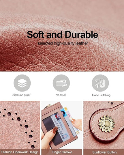 TFKGS Small Womens Wallet Leather RFID Blocking Bifold Compact Card Holder Ladies Zipper Accordion Pocket with ID Window Pink
