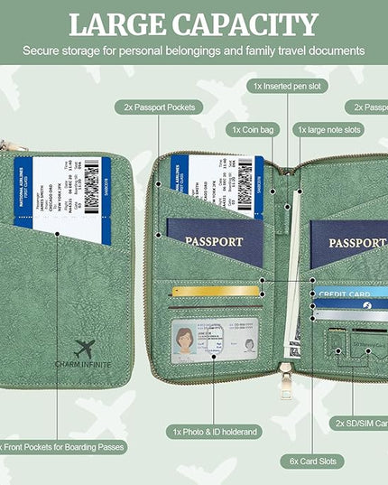 Family Passport Holder Wallet with Zipper, RFID Blocking Travel Document Organizer for Women Men, Travel Essentials Gift, Can be Worn Crossbody (Green)