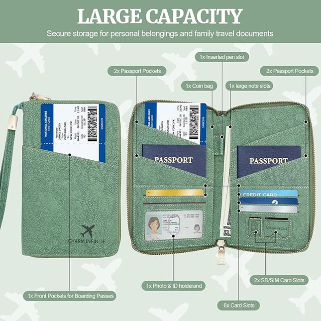 Family Passport Holder Wallet with Zipper, RFID Blocking Travel Document Organizer for Women Men, Travel Essentials Gift, Can be Worn Crossbody (Green)