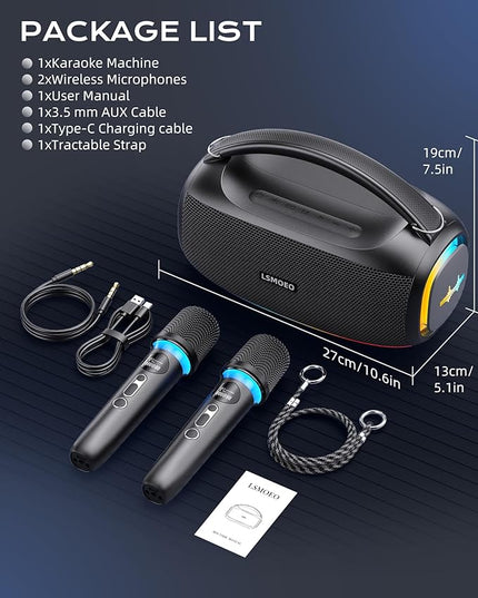 Karaoke Machine,IPX5 Waterproof Portable Bluetooth 5.3 Speaker with 2 Wireless Microphones for Adults & Kids,60W PA System Supports TWS/TF Card/USB/AUX/Live for Home Party-Black