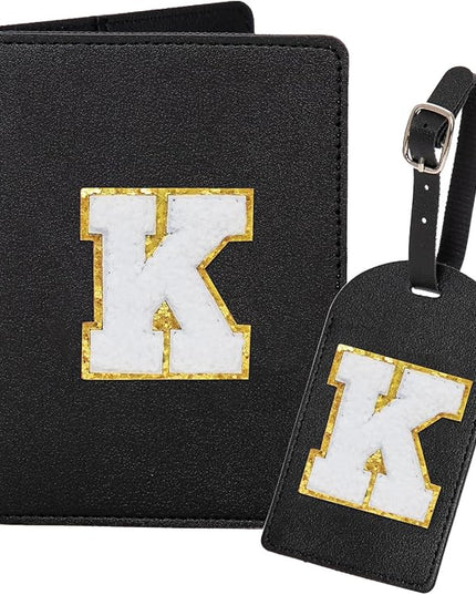 ULICO Initial Passport Cover and Luggage Tag Set,PU Leather Letter Passport Case Holder Travel Suitcase Tag, Personalized Travel Luggage Accessories Gifts for Women Kids Teenage Black K