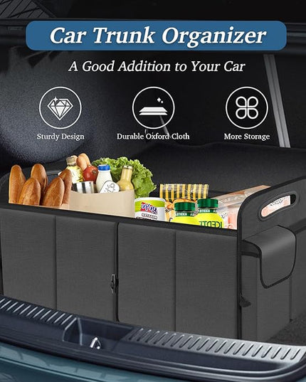 Trunk Organizer, Collapsible Waterproof Multi-Compartment Trunk Organizer for SUVs & Sedans, Car Storage with Reinforced Handles, Car Accessories for Women and Men, 52L