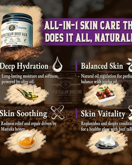 Organic Beef Tallow for Skin - 4 OZ (Lavender) — Grass Fed Beef Tallow for face + Body — US-Made Whipped Tallow and Honey Balm Moisturizer for Dry and Sensitive Skin, Eczema, Rosacea (No Additives)