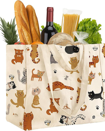 Large Canvas Grocery Tote Bag - Reusable Extra Large Shopping Shoulder Bags with 6 Inner Pockets & 2 Handle Strap