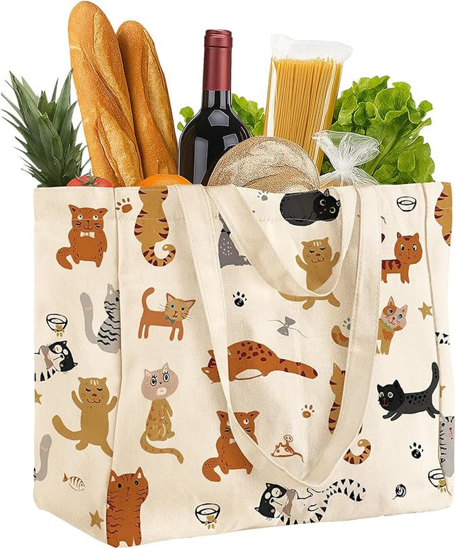 Large Canvas Grocery Tote Bag - Reusable Extra Large Shopping Shoulder Bags with 6 Inner Pockets & 2 Handle Strap