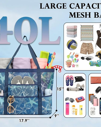 Mesh Beach Bag, Large Beach Tote with Zipper Pocket, Toys Pool Bag for Family Travel Vacation Cruise Essentials