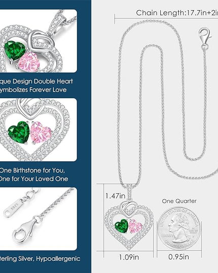 LOUISA SECRET Sparkling Double Heart Birthstone Necklaces for Women, 925 Sterling Silver Fine Jewelry, Pendant Heart Necklaces Birthday Anniversary Christmas Gift for Women Wife Mom Girlfriend Lady