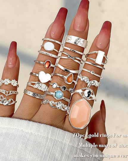 Subiceto 70 Pcs Vintage Crystal Ring Set Knuckle Rings for Women Bohemian Stackable Joint Rings Retro Boho Stacking Joint Finger Rings Pack