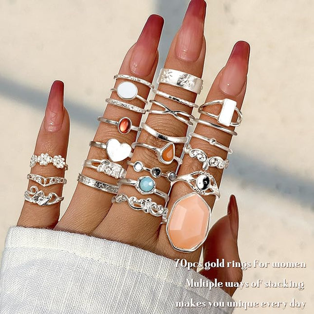 Subiceto 70 Pcs Vintage Crystal Ring Set Knuckle Rings for Women Bohemian Stackable Joint Rings Retro Boho Stacking Joint Finger Rings Pack