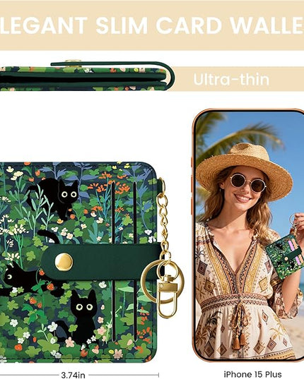 Sodsay Small Slim Wallet Women RFID Blocking, PU Leather Bifold Ladies Wallet with Zipper Coin Pocket, Thin Cute Travel Card Wallets for Girls, Black Cat Blooms