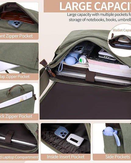 Nerlion Messenger Bag for Men 17-17.3 Inch Laptop Bag Canvas Water-resistant Computer Bag Shoulder Bag Work Briefcase Bookbag for College (Green)