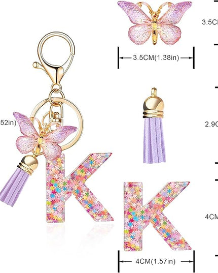 Fashion Alphabet Initial Letter Keychain Tassel Butterfly Pendant Key Ring for Purse Handbags Women Girl