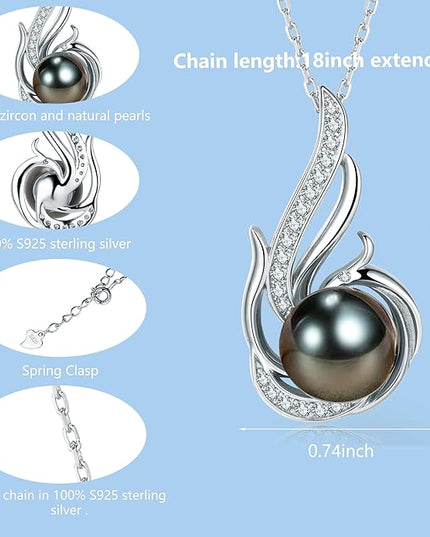 Tahitian Black Pearl Necklaces for Women 10-11mm - Pearl Necklace Phoenix Pendant | with 925 Sterling Silver 18" Chain - Christmas Mothers Day Valentine's Day Gifts For Women Wife Mom Grandma Girlfriend Daughter Her Best Friend Birthday Anniversary Fin...