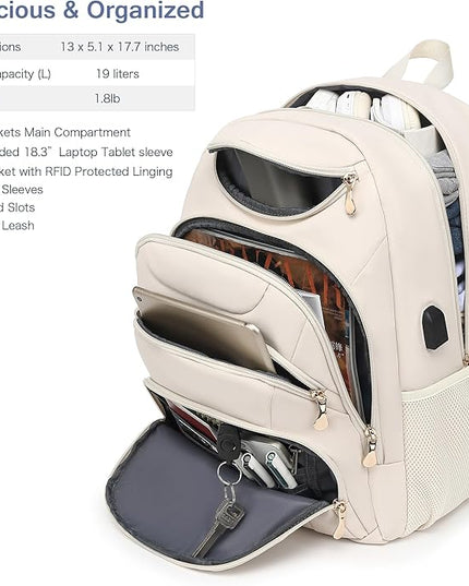 Boavan Laptop Backpack for women,15.6 inch Laptop Bag with USB Port, Waterproof Travel Work Backpack Purse, Anti-Theft Teacher Nurse Doctor Casual Bookbags Office Business backpack，Cream Beige