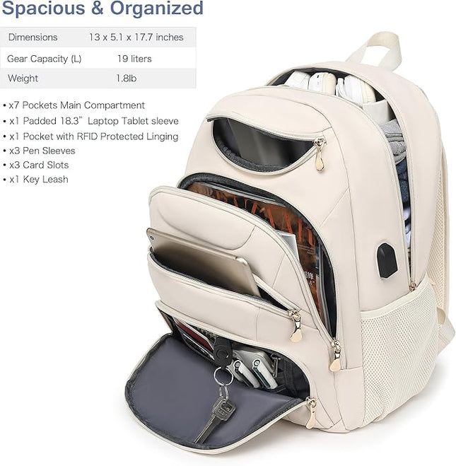 Boavan Laptop Backpack for women,15.6 inch Laptop Bag with USB Port, Waterproof Travel Work Backpack Purse, Anti-Theft Teacher Nurse Doctor Casual Bookbags Office Business backpack，Cream Beige