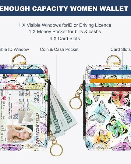 Slim Wallet Credit Card Holder, Watercolor Butterfly, RFID Wallet Women Cute Small Front Pocket Wallet With Zipper, PU Leather Thin travel RFID Blocking Card Case ID Window,Ladies Gifts