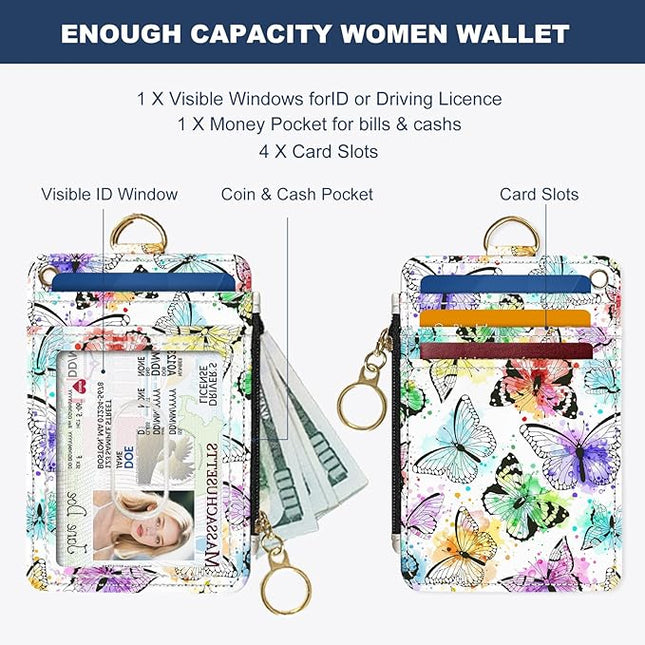 Slim Wallet Credit Card Holder, Watercolor Butterfly, RFID Wallet Women Cute Small Front Pocket Wallet With Zipper, PU Leather Thin travel RFID Blocking Card Case ID Window,Ladies Gifts
