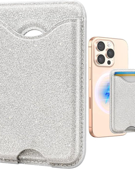 Shorogyt Compatible with Magsafe Wallet Magnetic Card Holder - Glitter Silver Phone Wallets for Women Teen Girls for iPhone 17/16/15/14/13/12 Series Slim for Apple Mag RFID Magnet, Fit 3 Cards