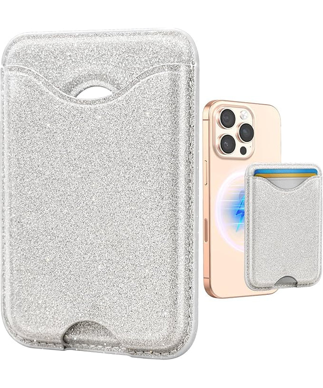 Shorogyt Compatible with Magsafe Wallet Magnetic Card Holder - Glitter Silver Phone Wallets for Women Teen Girls for iPhone 17/16/15/14/13/12 Series Slim for Apple Mag RFID Magnet, Fit 3 Cards