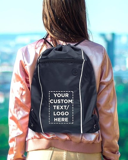 DISCOUNT PROMOS Two-Tone Drawstring Backpack Non-Woven - 10 pack - Customizable Text, Logo - Durable Sports Backpacks - Ideal for Work, Sports, Travel, Gym & More - Black