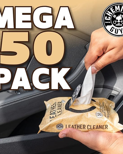 Chemical Guys Leather Cleaner Wipes Mega - Interior Leather Wipes for Cars,Natural,Synthetic,Faux & Pleather Surfaces,Safe for Cars,Trucks,Furniture,Boots & More,Convenient,50 Count (Pack of 6)