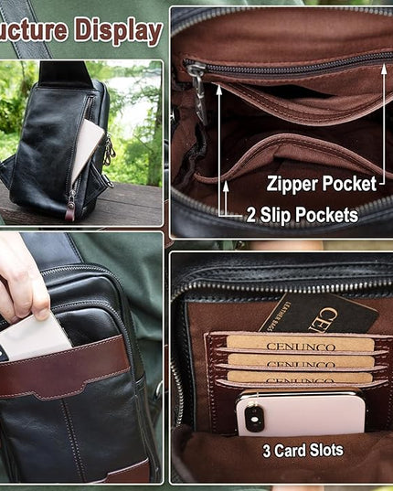 Genuine Leather Sling Bag for Men and Women Crossbody Shoulder Bag Side Sling Backpack Chest Purse Cross Body Casual Daypack