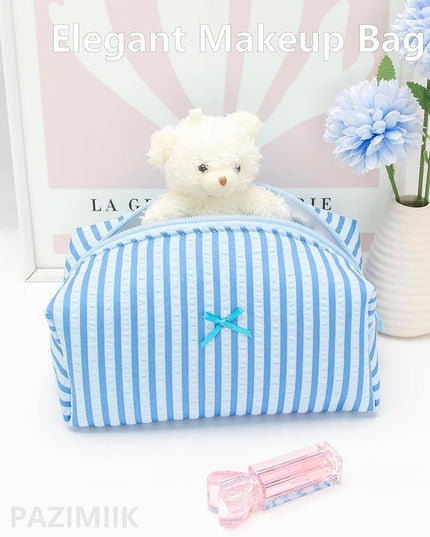 PAZIMIIK 6PCS Cozy Makeup Bag Small Aesthetic Travel Zipper Cosmetic Pouch for Women Make Up Beauty Accessories Brushes, Stripe Lake Blue