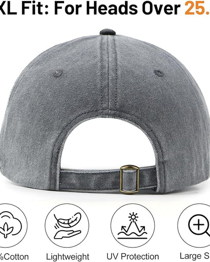 XXL Oversize Washed Denim Baseball Cap,Low Profile Jean Sports Cap for Big Heads 23.5"-25.5",Large Pigment Dyed Dad Hat
