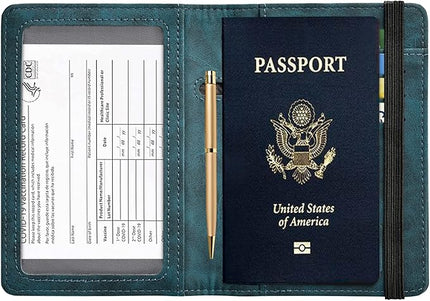 HerriaT Passport and Vaccine Card Holder Combo,Cover Case with CDC Vaccination Card Slot, Leather Travel Documents Organizer Protector, with RFID Blocking, for Women and Men
