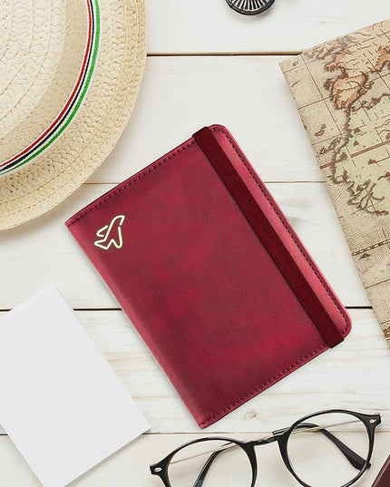 WALNEW Passport Holder for Travel, RFID Passport Cover Wallet for Women Men, PU Leather Passport Book Card Holder Case with Pen (Elastic Band Closure, C-Red)