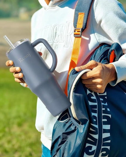 Renoj Tumbler with Handle 100% Spill Resistant Insulated Water Bottle for Iced Coffee & Hot Drinks - Fits Car Cup Holder, Ideal Gift, 2 Straws & Silicone Boot BPA-Free - FlexSlide Navy Blue 32 oz