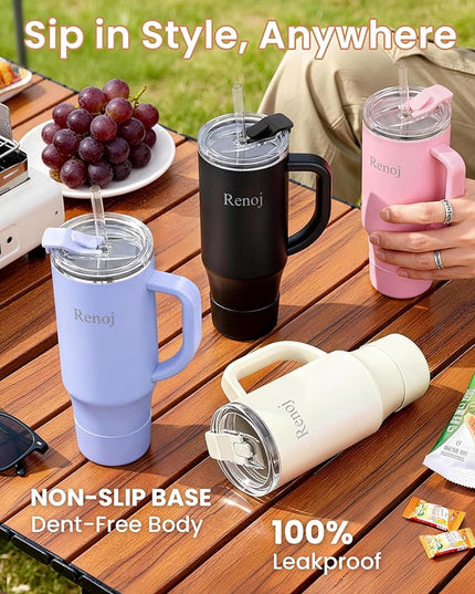 Renoj Tumbler with Handle 100% Leak Proof Insulated Water Bottle for Iced Coffee & Hot Drinks - Fits Car Cup Holder, Ideal Gift, 2 Straws & Silicone Boot BPA-Free - SnapShift Black 32 oz