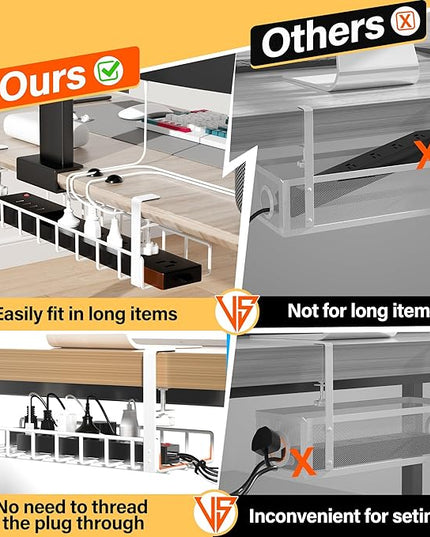 2 Pack Under Desk Tray, 31.4" No Drill Wire Management with Upgraded Clamp, Metal Cord Organizers for Desk, PC Cable Rack, White
