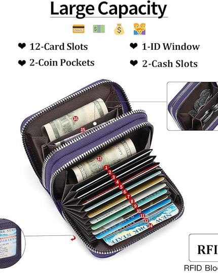 RNIEGA Credit Card Holder Wallet RFID Blocking Leather Small Wallet for Women Double Zipper Wallet with ID Window