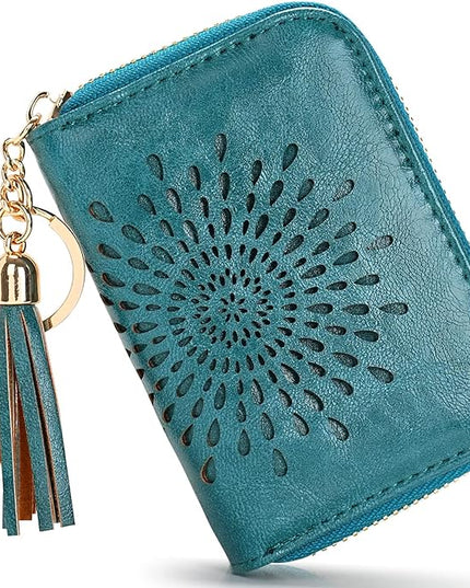 APHISON RFID Credit Card Holder Zipper Card Case Keychain Small Wallet for Women 1927 PEACOCK-BLUE