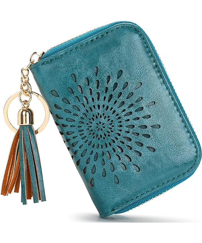 APHISON RFID Credit Card Holder Zipper Card Case Keychain Small Wallet for Women 1927 PEACOCK-BLUE