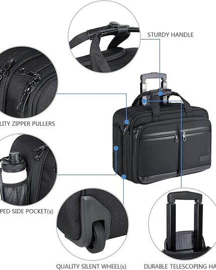 KROSER Rolling Laptop Bag Premium Rolling Briefcase Fits Up to 17.3 Inch Laptop Overnight Computer Bag with RFID Pockets for Travel/Business/Men/Women-Black