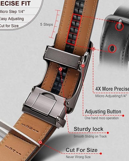 KEMISANT Men Belt 2 Pack, Leather Ratchet Belt Easy Click Slide For Men 1 3/8",Cut for Fit