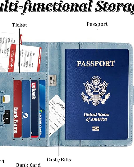JIABEIUS 3pcs Passport Holder with Luggage Tags, Pu Leather Travel Passport Cover, Waterproof Travel Wallet with RFID Blocker for Credit Cards, Cash, Boarding Passes Women Men