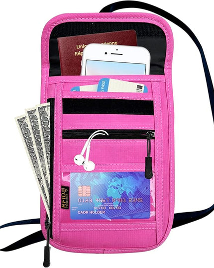 RFID Blocking Travel Neck Wallet Pouch and Passport Holder, Travel Neck Pouch Passport Holder for Women & Men - Rose