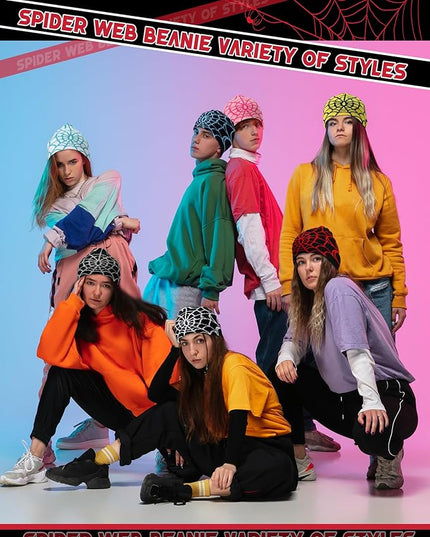 Toulite 12 Pieces Y2K Spider Web Beanie Gothic Graphic Beanies Outdoor Winter Warm Knitted Hat for Men Women