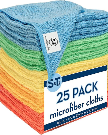 S&T INC. 25 Pack Microfiber Cleaning Cloth, Bulk Towels for Home, Reusable Microfiber Towels for Cars, Cleaning Rags, Assorted, 11.5 Inches x 11.5 Inches, 25 Count