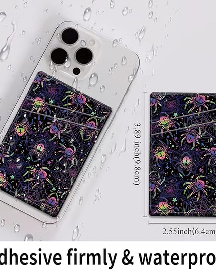Phone Card Holder, Dual Pocket Leather Wallet Adhesive Stick On, Cute Credit Card Holder for Smartphones Case Compatible with Most Phone（Colored spider）
