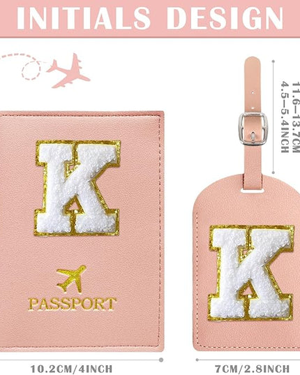 COSHAYSOO Initial Passport Cover Holder and Luggage Tag Set with Chenille Letter Patch for Women Teenage Girls, Traveling Necessities Supply Unique Bag Suitcase Identifier Pink K
