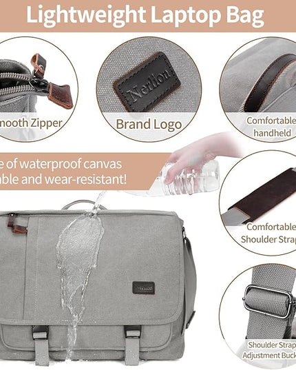 Nerlion Messenger Bag for Men 17-17.3 Inch Laptop Bag Canvas Water-resistant Computer Bag Shoulder Bag Work Briefcase Bookbag for College (Light Gray)