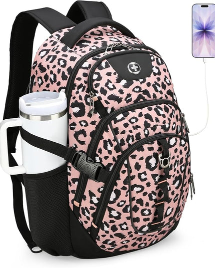 Swissdigital Laptop Backpack with USB Charging Port, Travel Backpack Fits 15.6 inches Computer, 31L Backpack for Women, Pink Leopard | SD803-102
