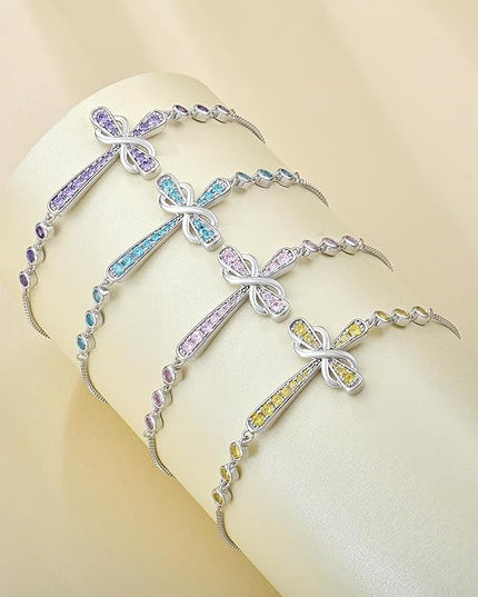 YL Cross Bracelet 925 Sterling Silver Infinity Sideways Link Bracelet Birthstone Jewelry for Women