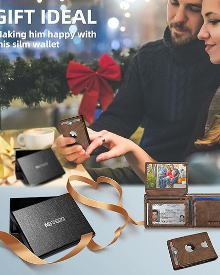 miyozi Airtag Wallet for Men,with Cash Pocket 2 ID Window 13 Cards,Slim Leather Wallet Front Pocket Card Holder RFID Blocking with Gift Box