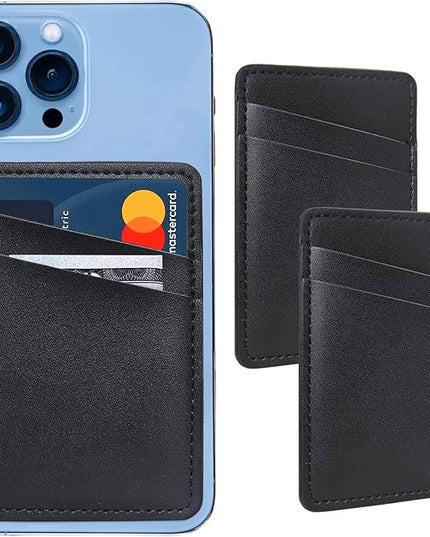 Leather Phone Wallet, Stick On Credit Card Holder for Phone Case - Compatible with iPhone, Samsung, Android & All Cell Phones - 2Pack Black